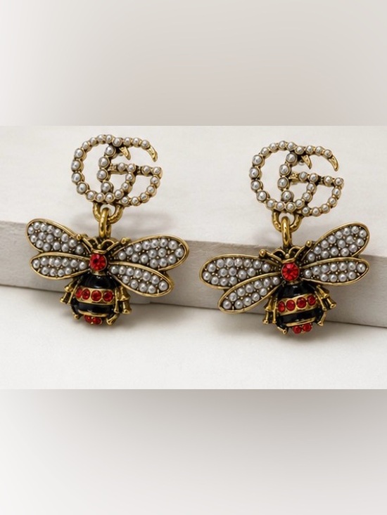 Luxe Jewelry - Designer Inspired Pearl Bee Drop Earrings Gold Red Rhinestone